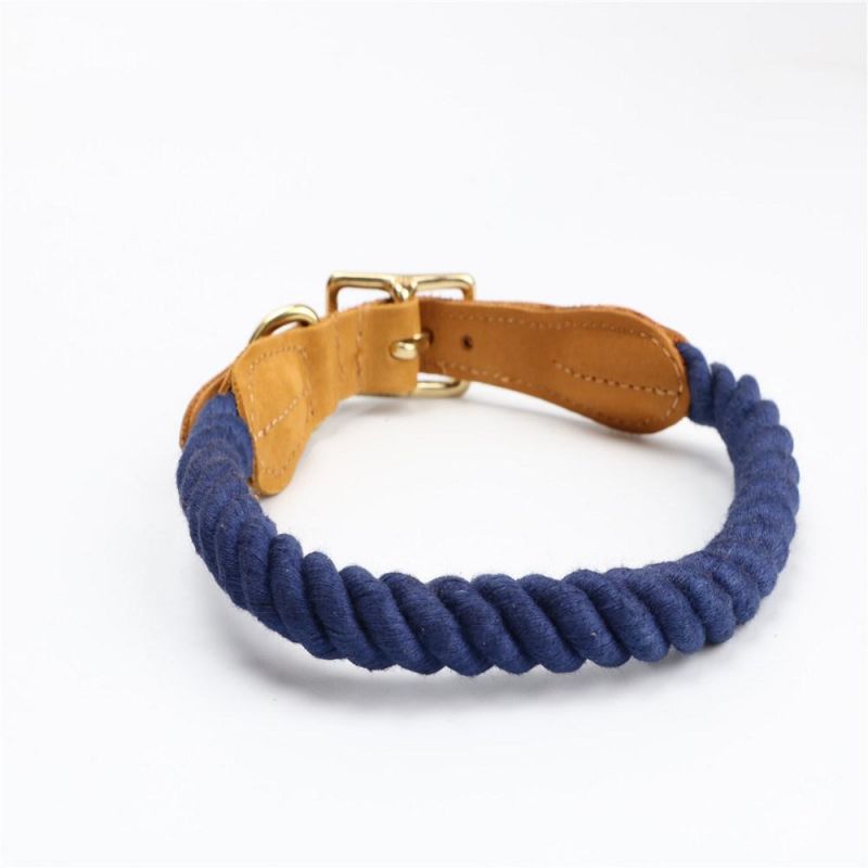 Personalized Rope Cotton Dog Collar with Genuine Leather