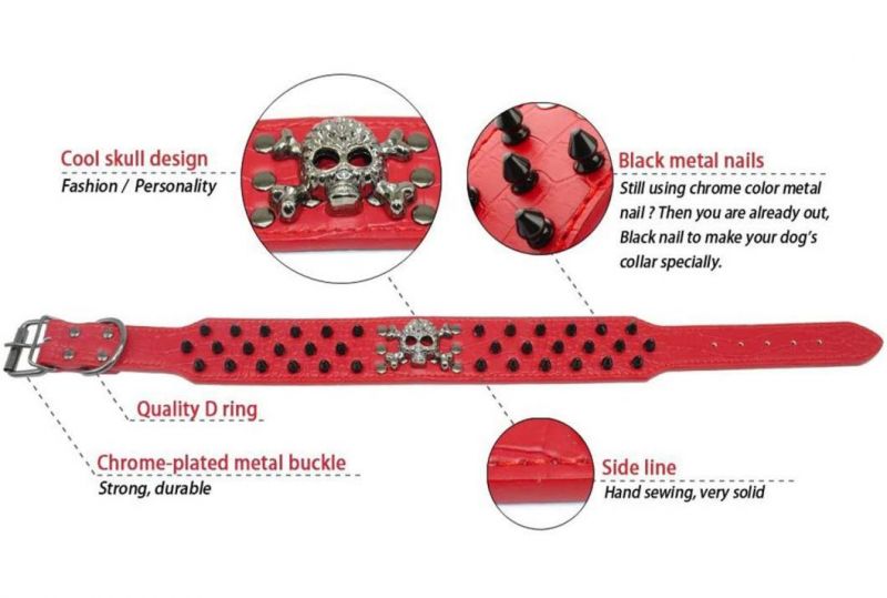 Halloween Skull Pet Collar 3 Rows Rivets Studded PU Leather Dog Collar