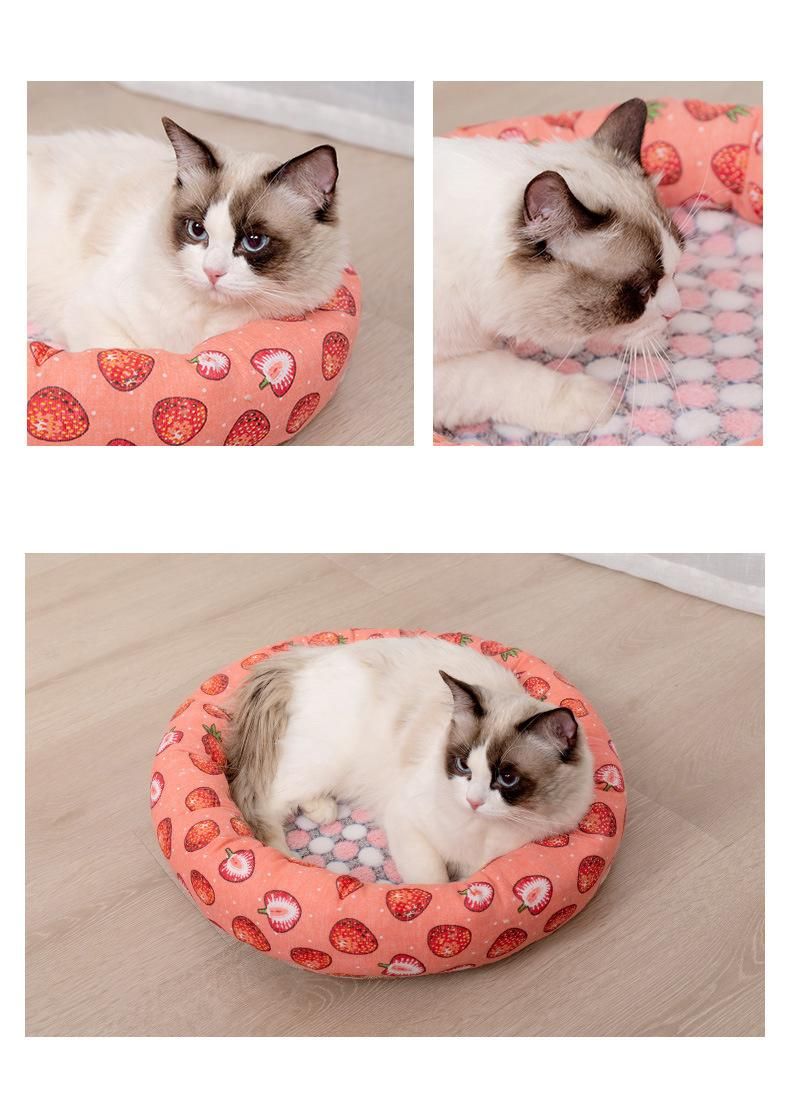 New Design Round Shape Warm Round Calming Luxury Oval Pet Beds Cute Donut Small Animals Pet Bed Strawberry Plower