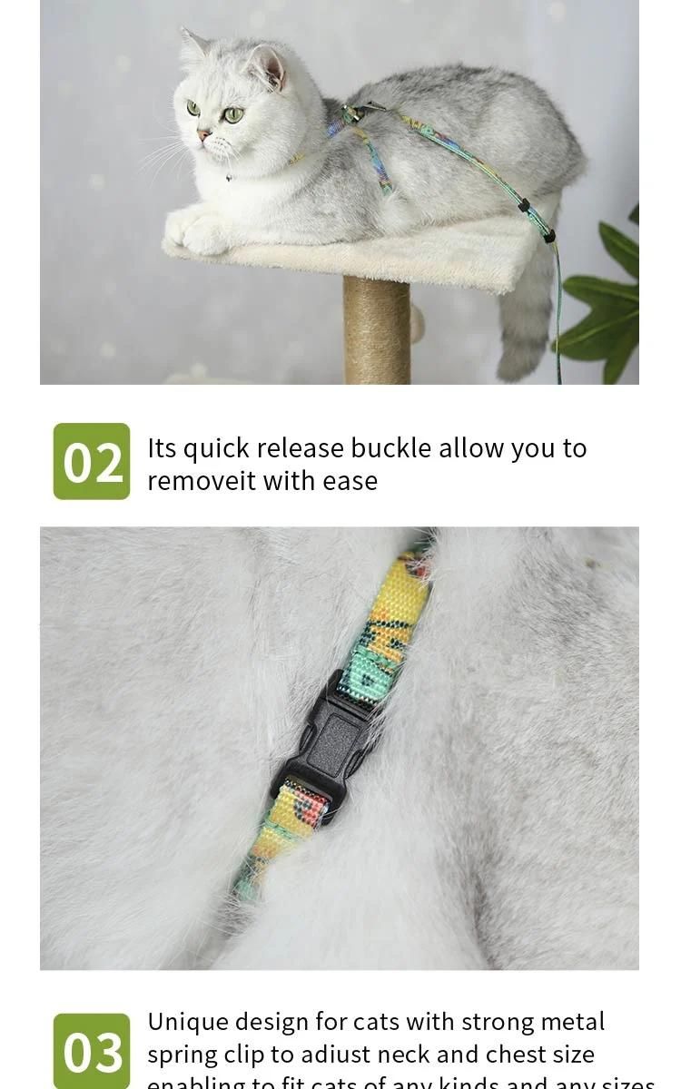 Eco-Friendly Adiust Neck and Chest Size Strong Metal Spring Clip Cat Harness and Leash
