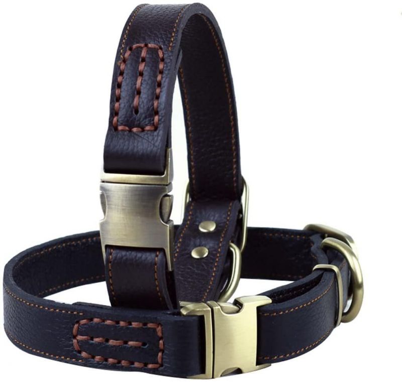 Adjustable Comfortable Finest Genuine Brown Leather Pet Dogs Collars for Medium/Large Dogs