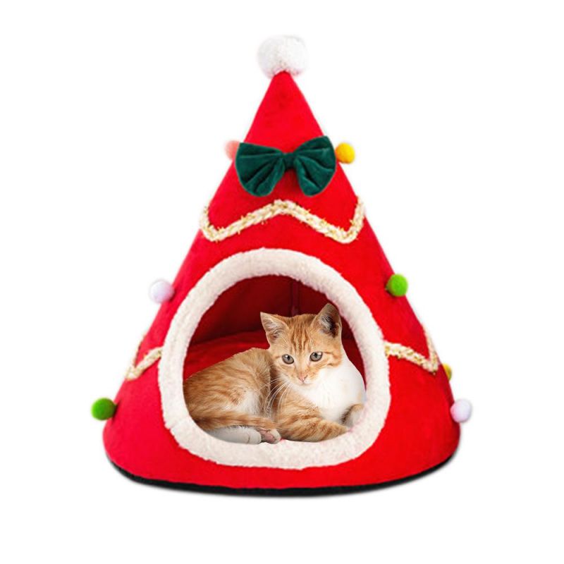 Christmas Tree Shape Dog Cat Bed House Home Warm Sleeping Bed Half Closed Bed