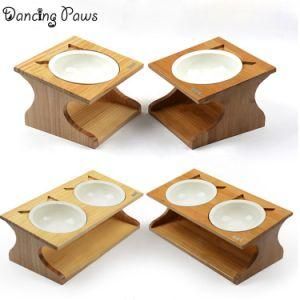 Hot Products Double Bamboo Ceramic Food Water Dog Bowl with Wooden Stand/Rack Set Bowl