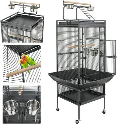 Wrought Iron Open Play Top Perch with Rolling Stand Castor Wheels Feeding Bowl for Parrot Cockatiel Finch Pet House Wholesale Large Bird Cage