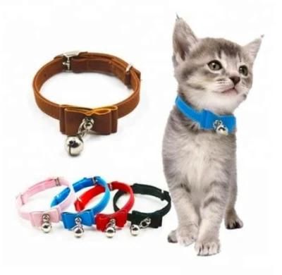 Manufacturer Wholesale Multi-Colors Adjustable PU Velvet Collar with Bell for Cat Dog Use with Bow Tie