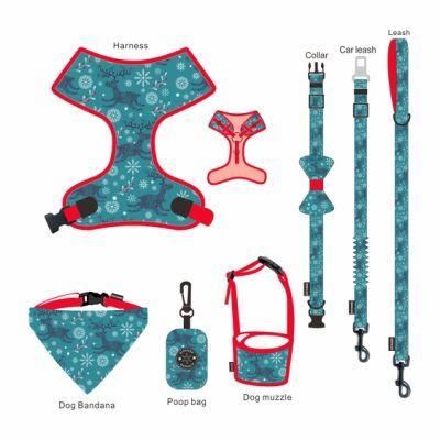 Adjustable Dog Collar Leash Harness Set Heavy Duty Collar Cute Santa Pattern Puppy Leash Harness