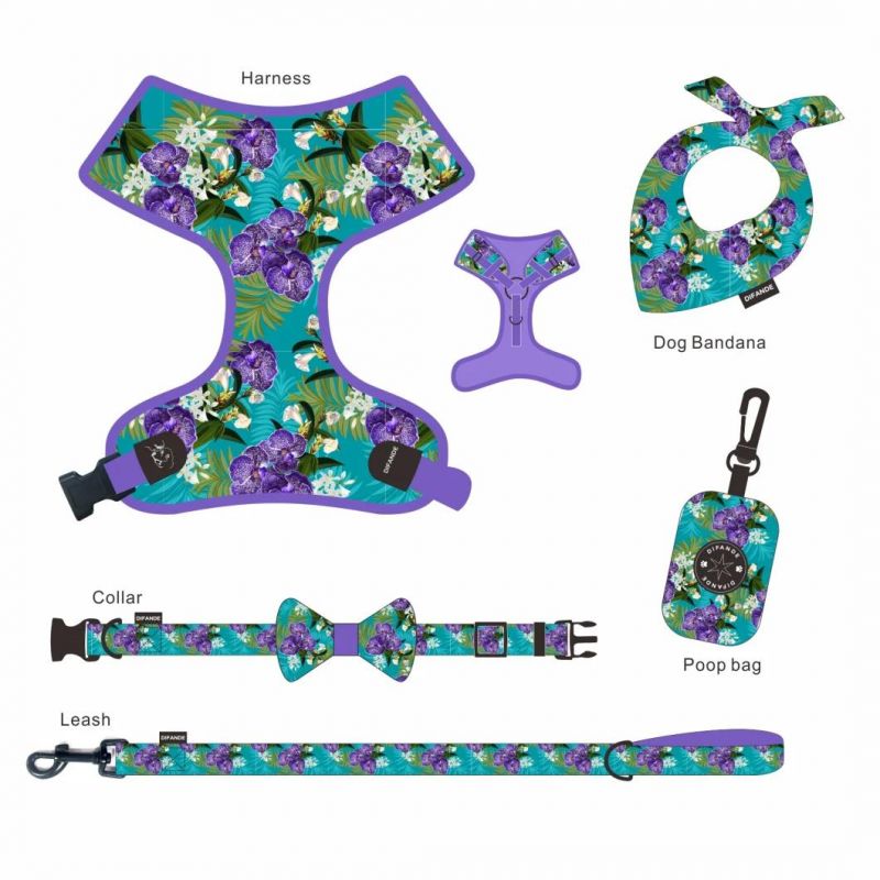 Custom Pattern Logo Reflective Reversible Luxury Pet Dog Vest Collars Harness and Leash Pet Products Set with Bow Tie Bandana