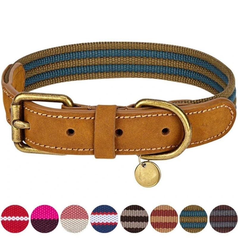 Polyester Fabric and Soft Genuine Leather Webbing Dog Collar, 8 Colors, Matching Leash Available Separately