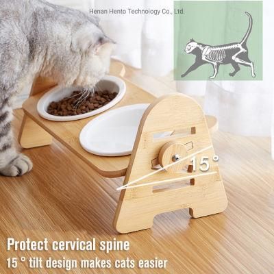 High Quality Adjustable Bamboo Elevated Dog Cat Food Bowl Pet Feeder