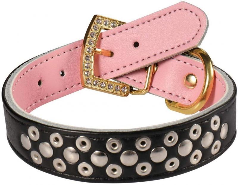 Luxury Gold Rhinestones Buckle Soft Leather Mushrooms Rivet and Gold Spikes Studded Personalized Collar