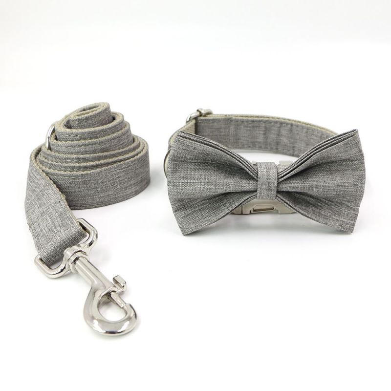 Wholesale Fashion Design Handsome Style Personalized Grey Cotton Webbing Pet Collars Leash Doggie Bow Tie Dog Collar Leash Sets