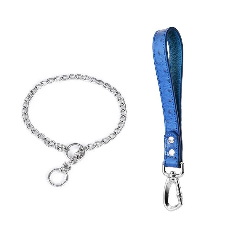 Customized Designer Personal Logo Small Order Metal Chain Big Dog Collar and Leash Set Made Real Leather with Stainless Steel