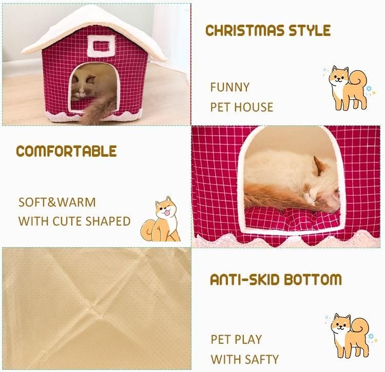 Christmas Winter Warm Indoor Soft Kennel Pet Large Dog House Doggy Beds with Mat Red Soft Dog House