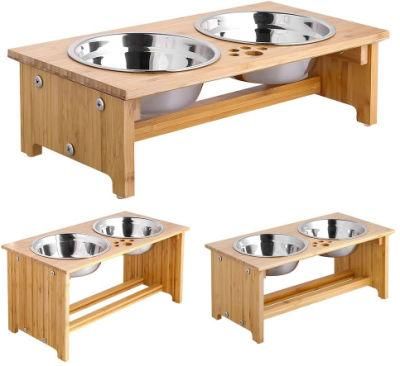 Bamboo Wood Foldable Raised Dog Cat Pet Bowls Elevated Pet Feeder Stand with Stainless Steel Bowls