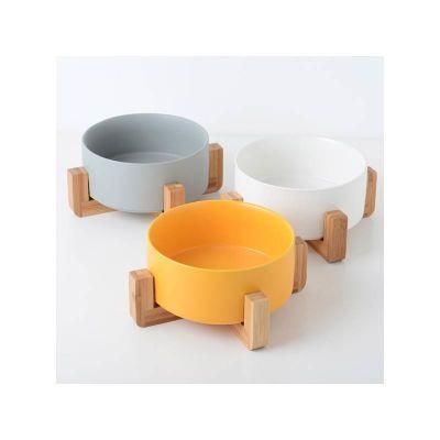 Amazon Hot Selling Bamboo Frame Ceramic Elevated Food Feeder Solid Color Pet Bowl for Dogs and Cats