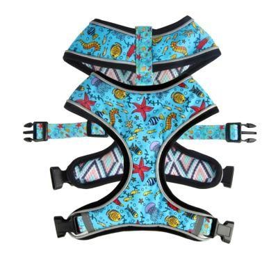 Hot Sale OEM/ODM Personalized Pet Accessories Print Reflective Reversible Quick Release Padded Polyester Pattern Dog Harness Set