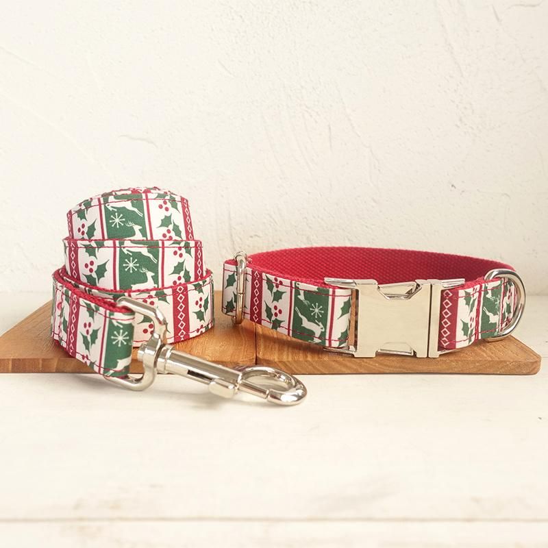 New Arrival Cotton Fabric Zinc Alloy Buckles Custom Label Laser Engraving Christmas Design Pet Accessories Dog Collars Leashes