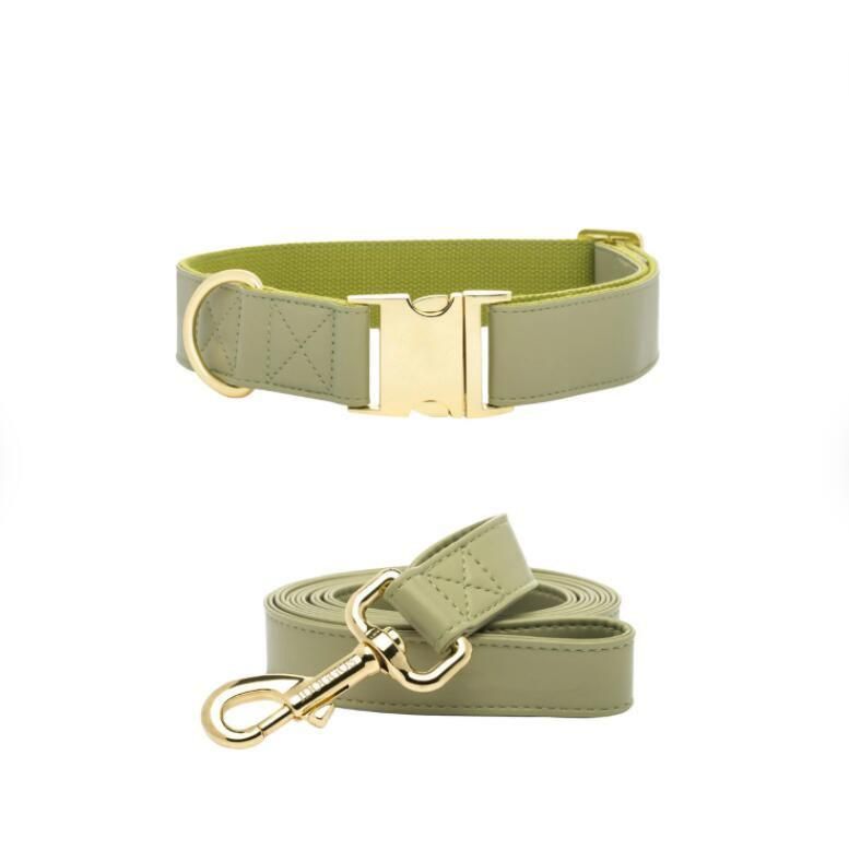 Olive Leather Luxury Dog Collar Leash Set