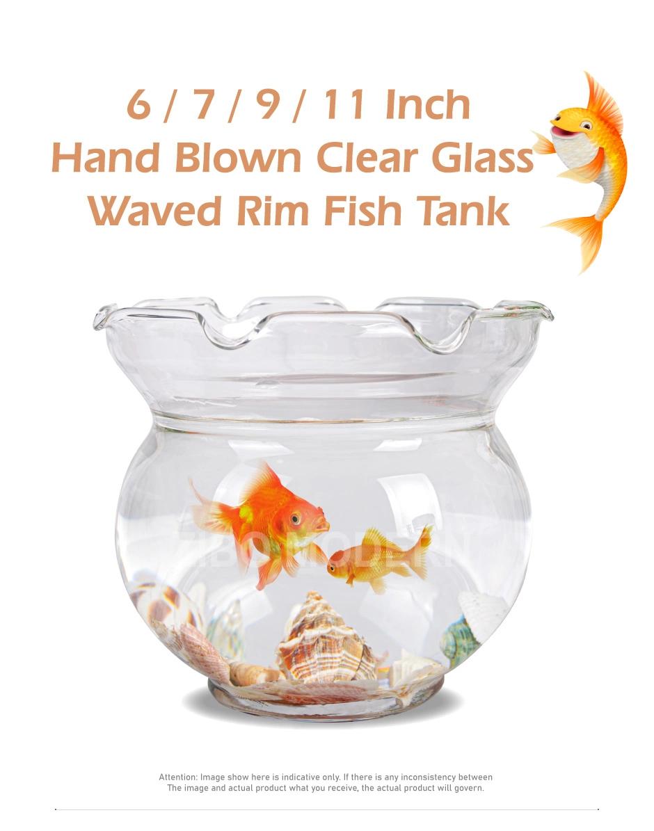 6 / 7 / 9 / 11 Inch Hand Blown Clear Glass Waved Rim Fish Tank - Round Glass Fish Tank