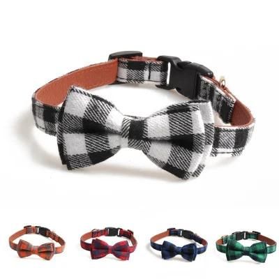 Customized Plaid Bowtie Adjustable Dog Collar with Plastic Buckle