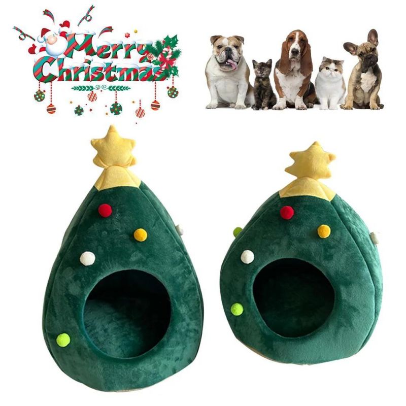 New Pet Cat Dog House Kennel Puppy Sleeping Bed Christmas Tree Shape Winter Warm Bed