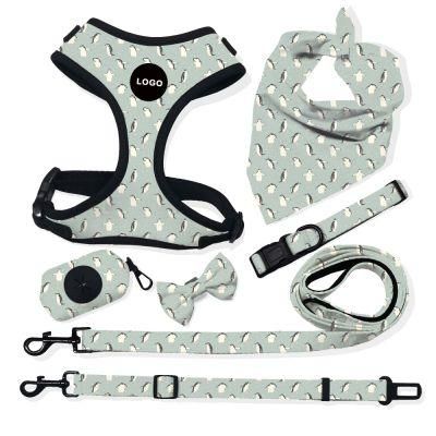 OEM Pet Accessories Adjustable Dog Collar Leash and Reversible Dog Harness Set with Dog Bowtie
