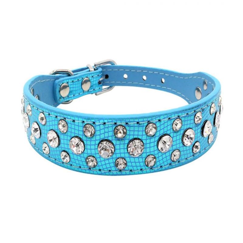 Three Rows Sparkling Rhinestones Pet Collar Durable PU Dog Collar