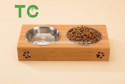Customized Bamboo Pet Bowl Stand Elevated Dog Bowls with 2 Stainless Steel Bowls