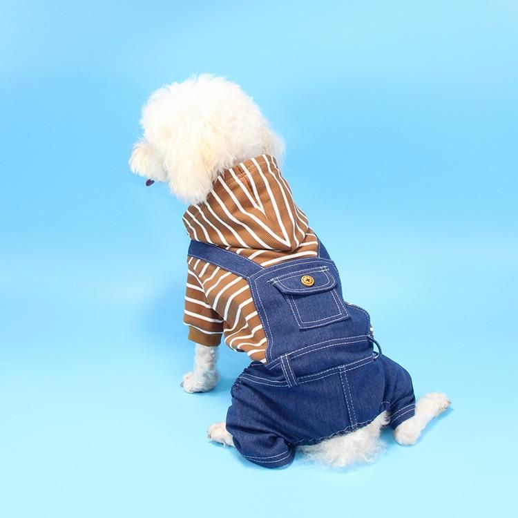 Dog Products, Pet Dog Cat Hoodies Clothes Striped Pajamas Denim Outfits Blue Jeans Jumpsuits One-Piece Jacket Costumes Apparel Hooded Coats for Dog, Cat