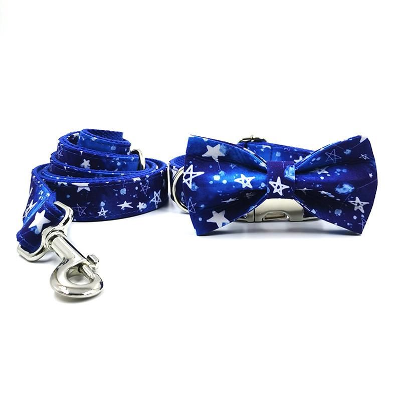 Wholesale Strong Eco Friendly Dog Collar Blue Stars Custom Logo Metal Buckle Collars for Pet Dog Leash Bow Tie