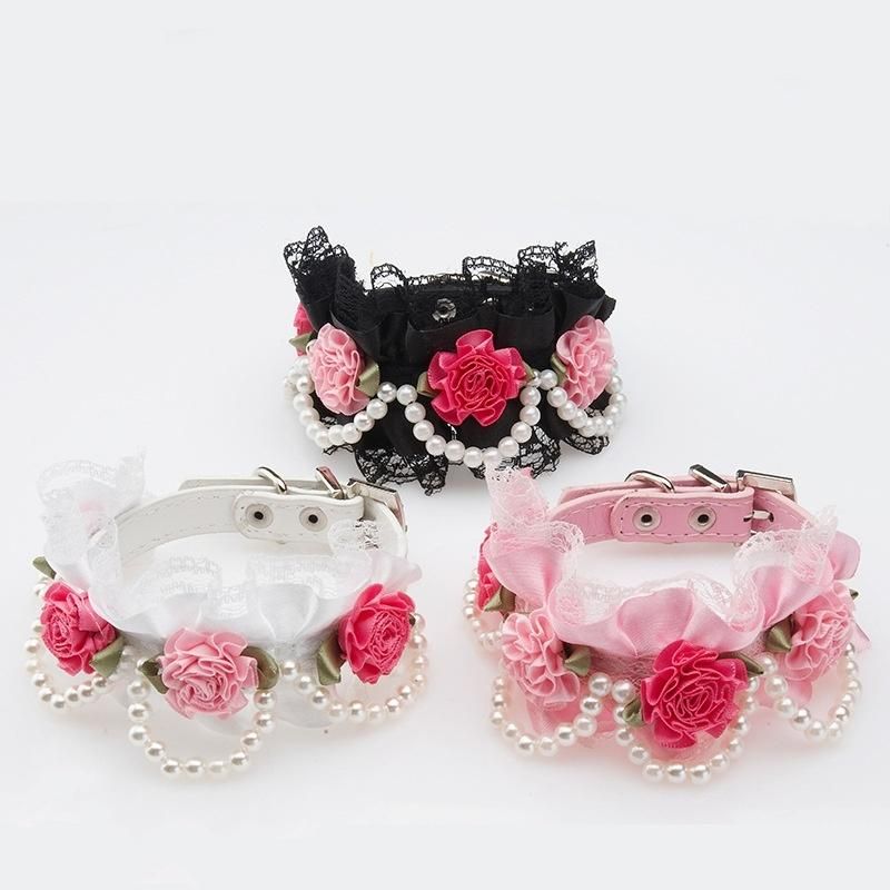 Flower Lace Pearl Designers PU Leather Dog Collar Pink Cat Collar Necklace Pet Accessories Supplies