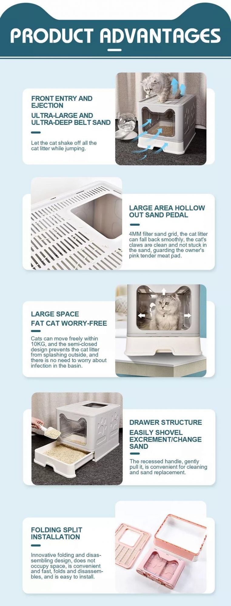 Home Style Double Door Design Top and Front Entry Configurable Cat Litter Box Indoor Cat Toilet Litter Clean Box with Scoop