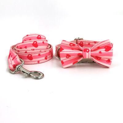 Cute Design Princess Style Pink Heart Printing Personalized Cat Bow Tie Dog Collar Pet Dog Collar and Leash Set