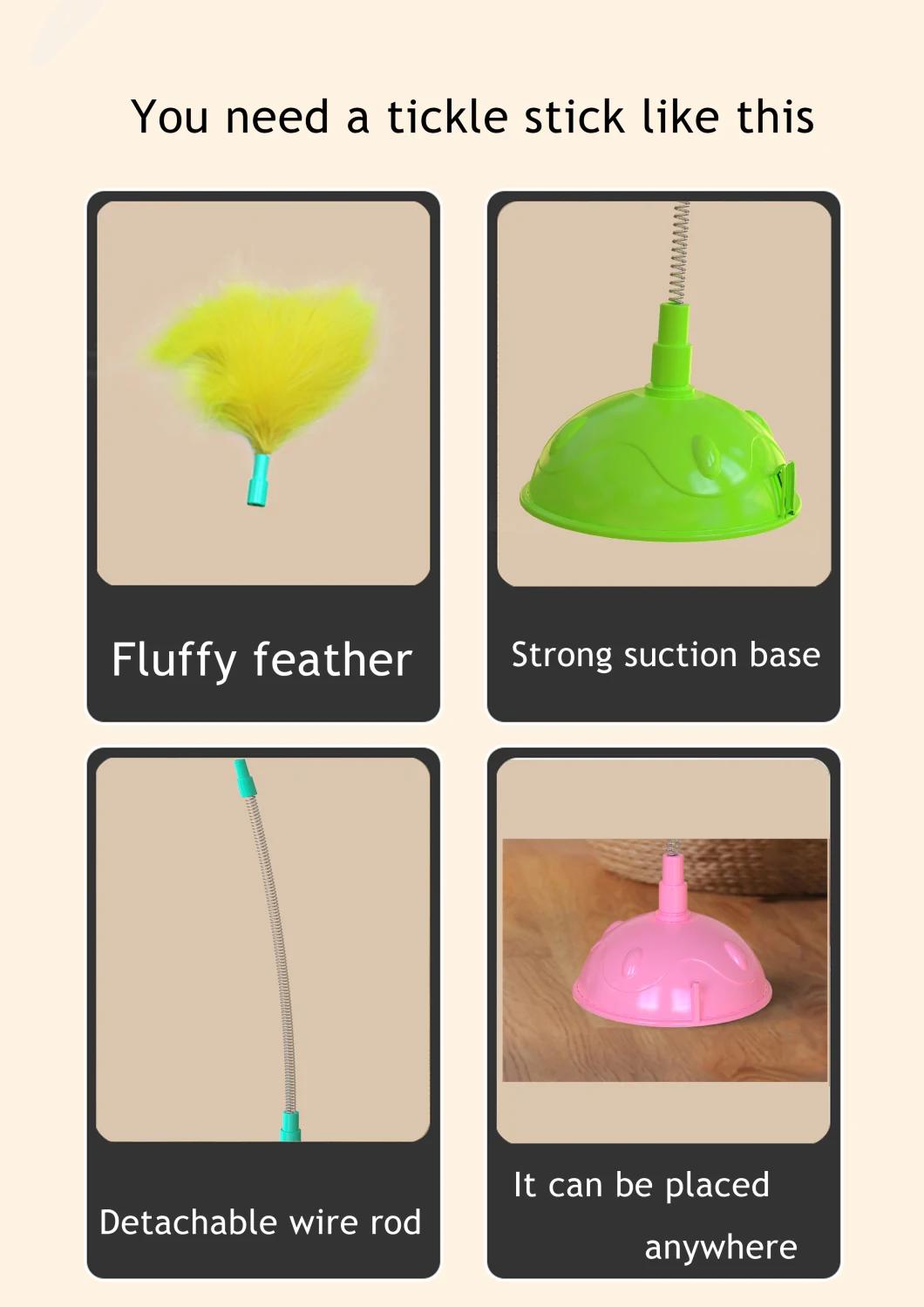 Wholesale Interactive Feather Toy Multicolor Cat Teaser Stick with a Bell Pet Tail Shape Wire Feather Cat Tickling Stick with Vacuum Cup