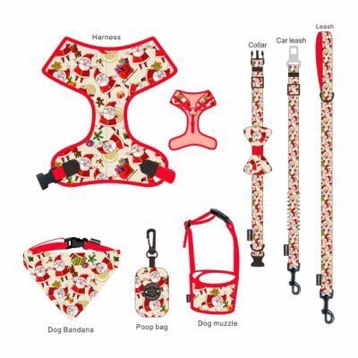 Manufacturer Custom Leash and Collar Set Adjustable Neoprene Christmas Style Dog Harness Bowtie 7 PCS Set