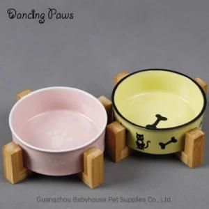 China Manufacturer Bamboo Holder with Ceramic Dog Bowl Set Food Water Pet Bowl