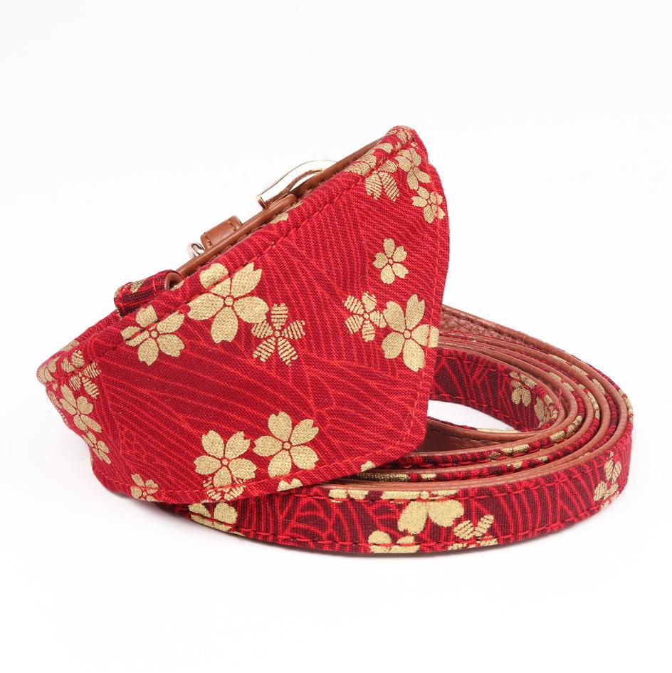 Bronzing Fabric Pattern Printed Pretty Japanese Personalized Dog Bandana Collar with Bow Tie and Leash