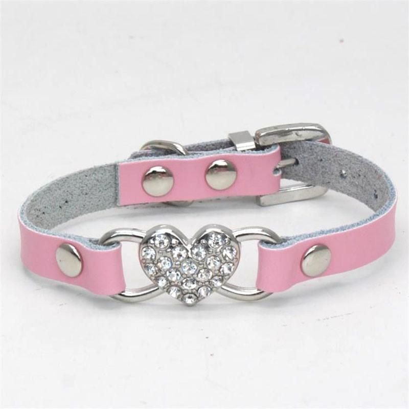 Adjustable Leather Pet Collar with Rhinestone Heart-Shaped Pet Collar