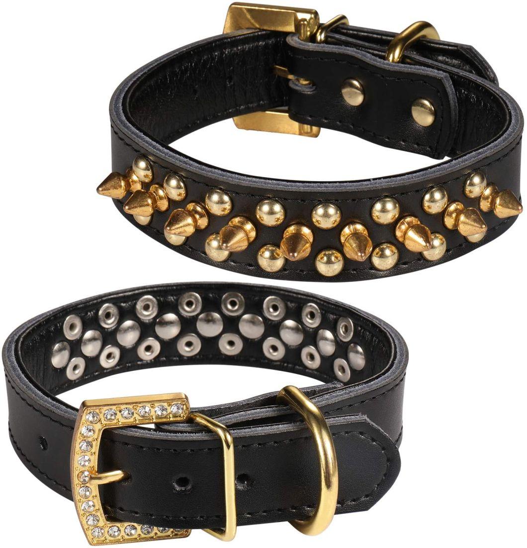Luxury Gold Rhinestones Buckle Soft Leather Mushrooms Rivet Dog Collar