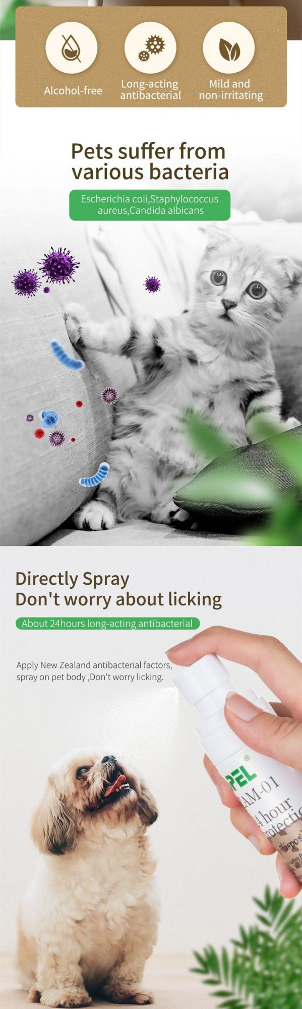 Multi Use Household Pet Body Alcohol Free Liquid Sterilization Rate 99.99% Antibacterial Sanitizer for Dog Delousing