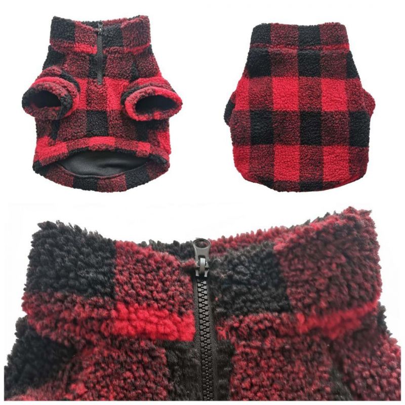 Customized Fashion Windproof Warm Zip Lamb-Fleece Soft-Lined Checker Plaid Coat Dog Accessories Apparel Pet Clothes