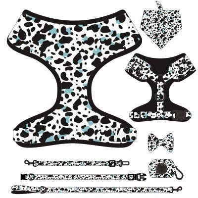 Hot Selling Factory Custom Seven-Piece Black and White Leopard Print Pet Collar, Pet Harness, Pet Leash, Bow Tie, Safety Rope