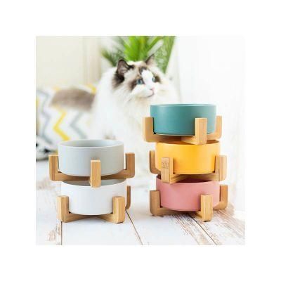 High Quality Ceramic Bamboo Frame Elevated Food Feeder Round Pet Bowl for Dogs and Cats