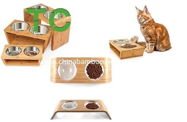 Adjustable Raised Dog Bowl Pet Bowls Elevated Pet Feeder, Bamboo Dog Dishes - 3 Heights Elevated Feeder for Dogs and Cats