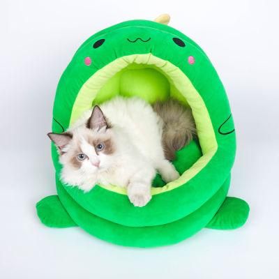 Wholesale Deep Sleep Pet House Semi-Enclosed Crystal Super Soft Green Dinosaur Cat Nest Bed