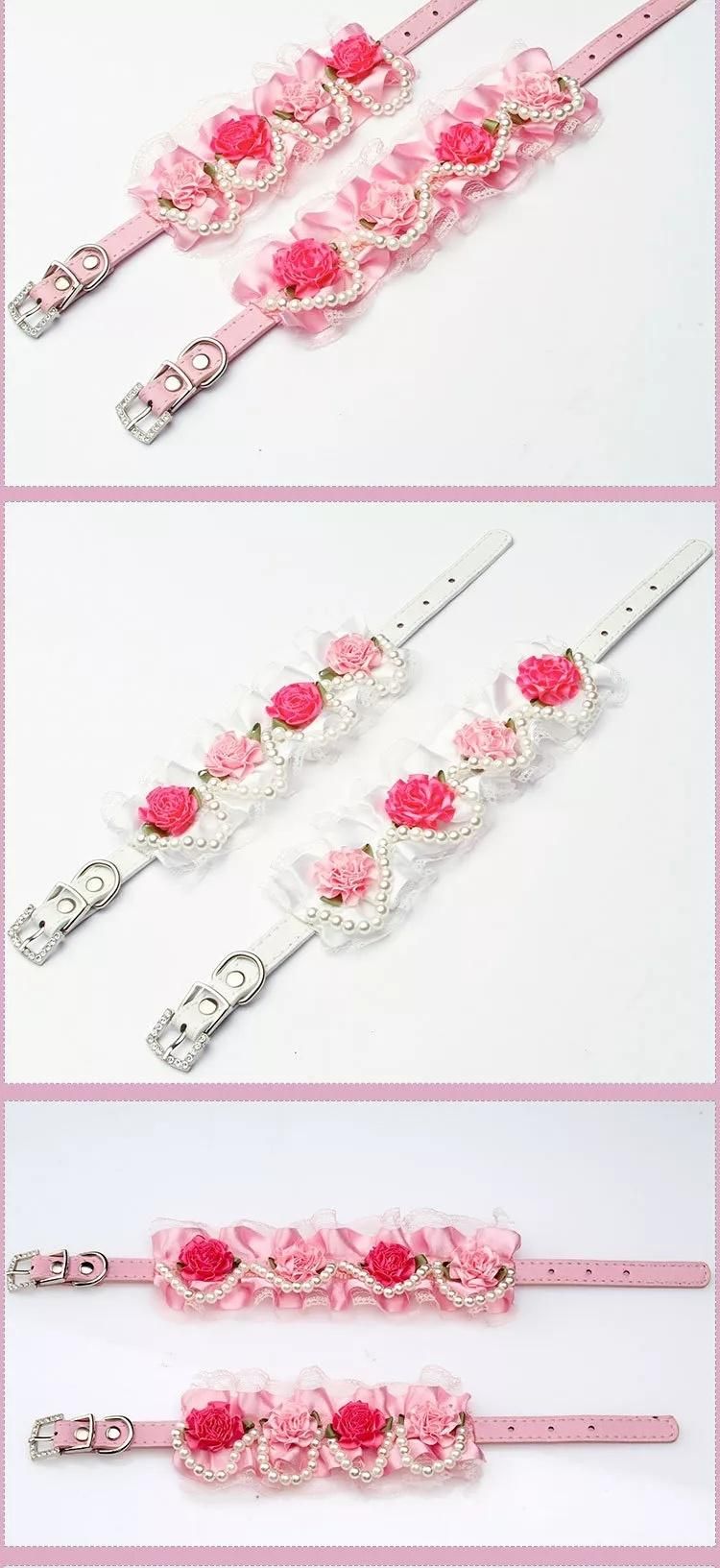 Flower Lace Pearl Designers PU Leather Dog Collar Pink Cat Collar Necklace Pet Accessories Supplies