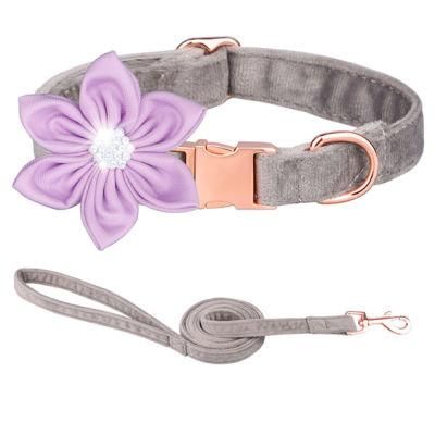 Soft Suede Dog Collar with Rhinestone Flowers Pet Collar