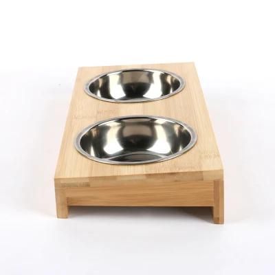 Double Stainless Steel Pet Bowl with Waterproof Bamboo Stand