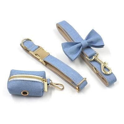 2021 New Hot Sale Private Label Light Denim Dog Harness Custom Harness Dog Collar Metal Gold with Matched Poop Bag Holder