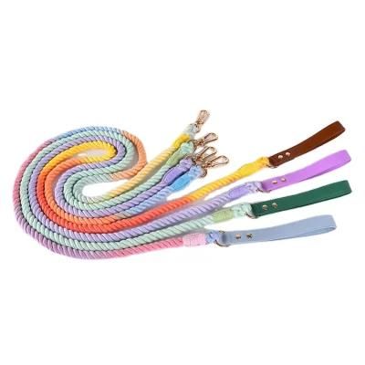 Dropshipper and Wholesale Designers Manufacture Luxury Eco Soft Vegan PU Leather Handle with Braided Multi-Color Rope Dog Leash